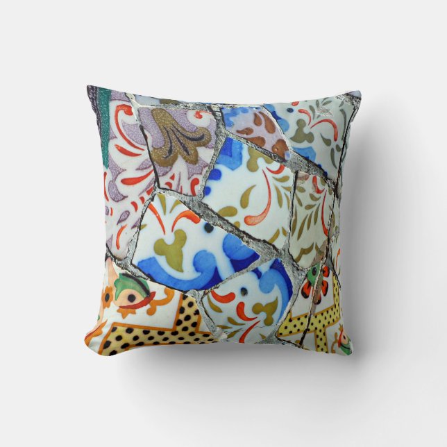 Gaudi's Park Guell Mosaic Tiles Ceramic Ornament Throw Pillow (Front)