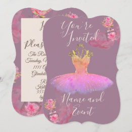 Gauzy Lavender Violet Gold Ballerina Dress Floral Invitation
