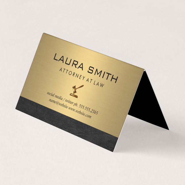 Gavel Icon | Attorney | Gold Metallic Leather Trim Business Card (Front)