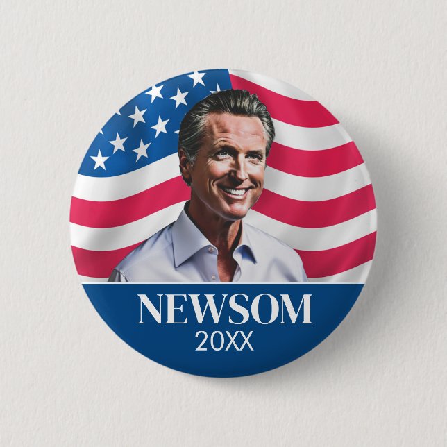Gavin Newsom Campaign Photo with Flag 2 Inch Round Button (Front)