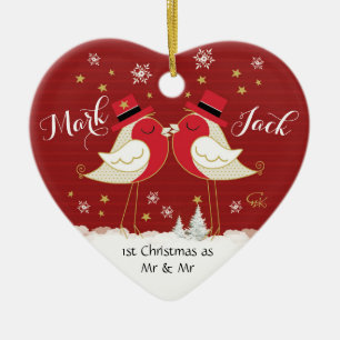 Gay, 1st Christmas as Mr & Mr, Robins Heart Ceramic Ornament