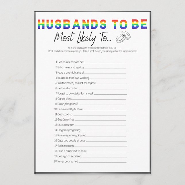 Gay Bachelor Party Game, Most Likely To Invitation (Front)