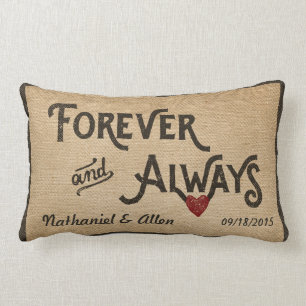 Gay Burlap Forever Always Heart Personalized Lumbar Pillow