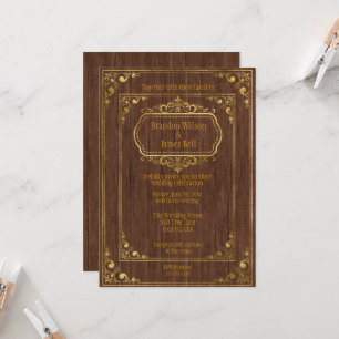 Gay Couple Brown Barnwood and Gold Frames Wedding  Invitation