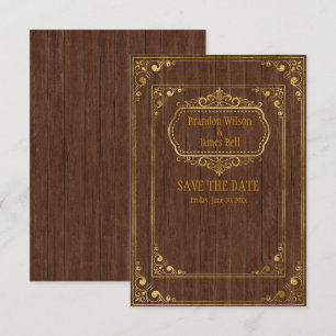 Gay Couple Brown Barnwood and Gold Frames Wedding  Save The Date
