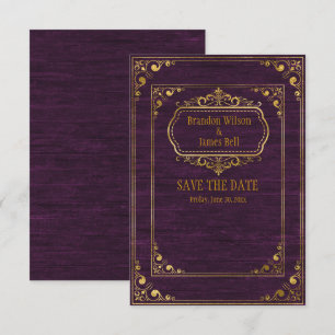 Gay Couple Brown Barnwood and Gold Frames Wedding Save The Date