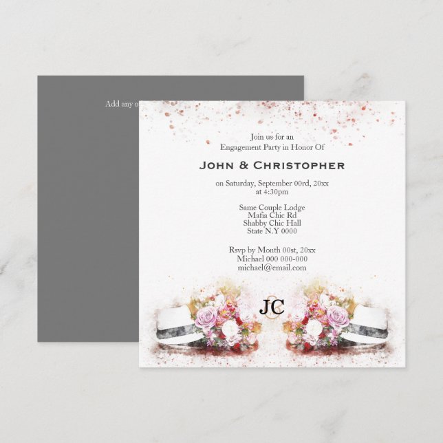 Gay couple hat floral watercolor monogram invitation (Front/Back)