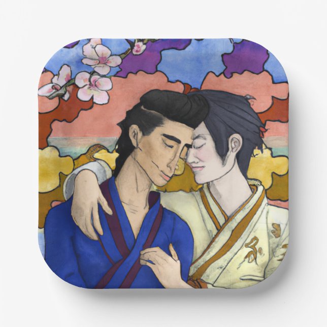 Gay Couple In The Style Of Ukiyo-e Japanese Art Paper Plate (Front)