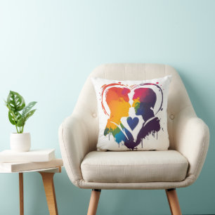 Gay Couple Rainbow Heart Throw Pillow