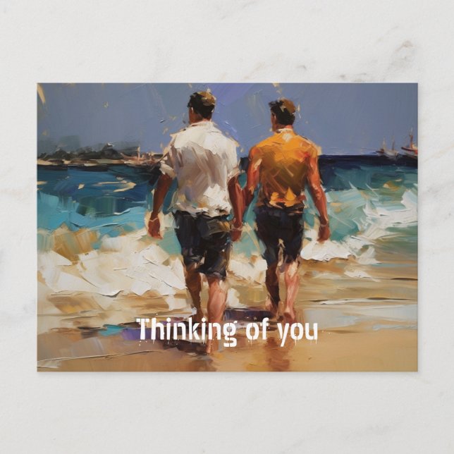 Gay couple walking on the beach postcard (Front)
