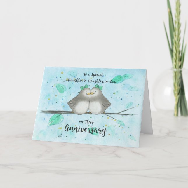 Gay Daughter & Wife Anniversary Cute Lovebirds   Card (Front)