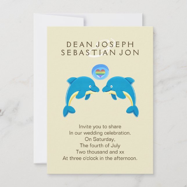 Gay Dolphins And Rainbow Love Heart Bubble Wedding Invitation (Front)