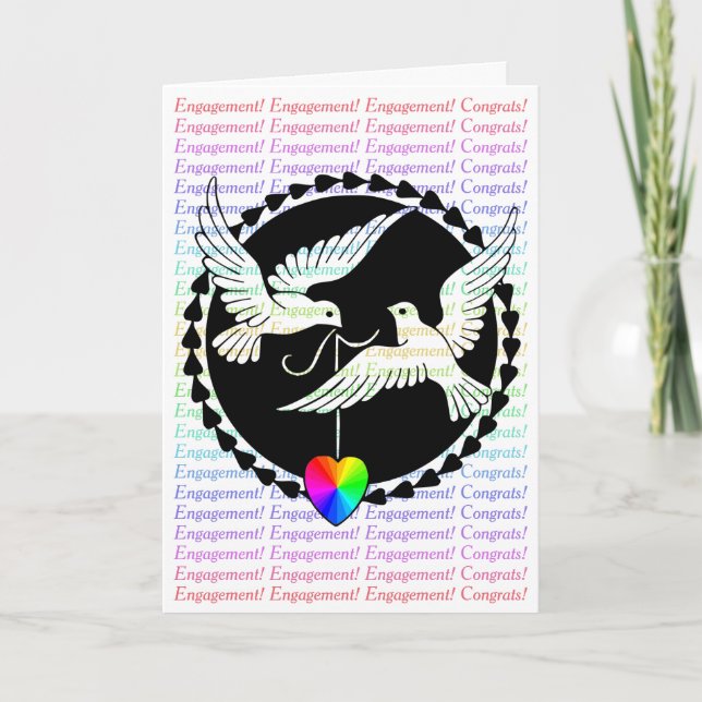 Gay Engagement Congrats Card: Rainbow Heart Doves Card (Front)