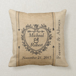 Gay Fancy Burlap Anniversary Date Heart Throw Pillow