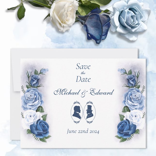 Gay Grooms Regency Blue Roses Save The Date (Creator Uploaded)