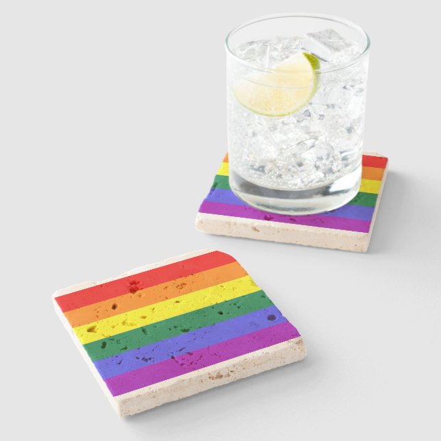 Gay Lesbian LGBT Rainbow Pride Flag Stone Coaster (Side)
