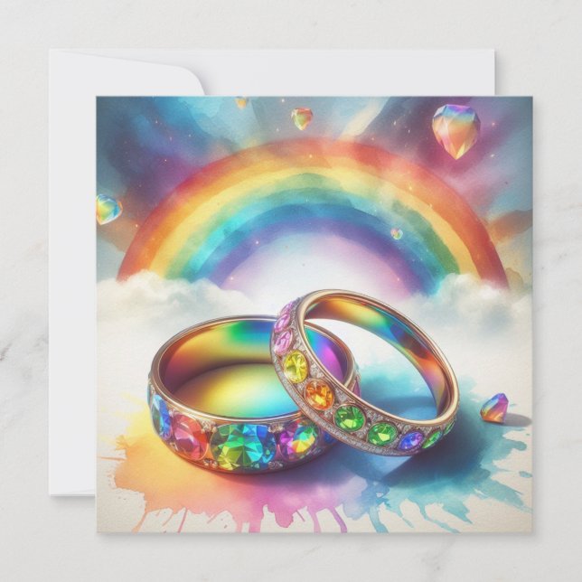 Gay Lesbian Rainbow Rings Wedding Ceremony Invitation (Front)