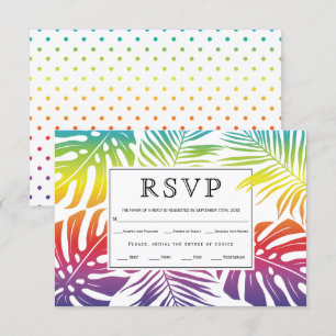 Gay, lesbian wedding rainbow leaves polka dots RSVP card