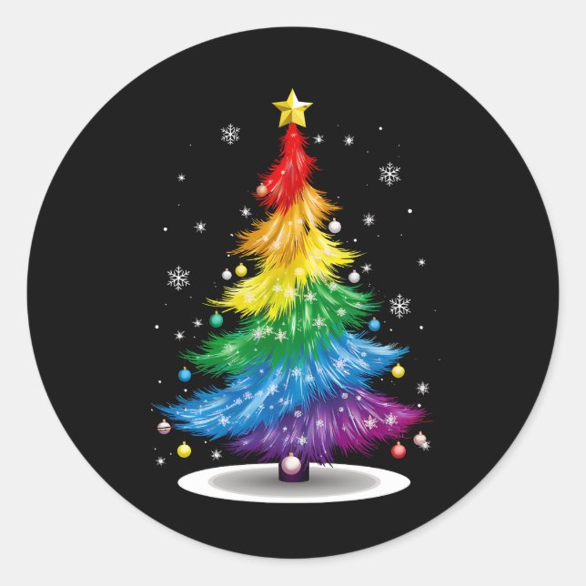 Gay LGBT Pride Rainbow Christmas Tree Merry Xmas Classic Round Sticker (Front)