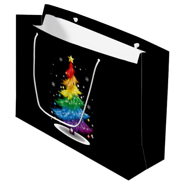 Gay LGBT Pride Rainbow Christmas Tree Merry Xmas Large Gift Bag (Front Angled)