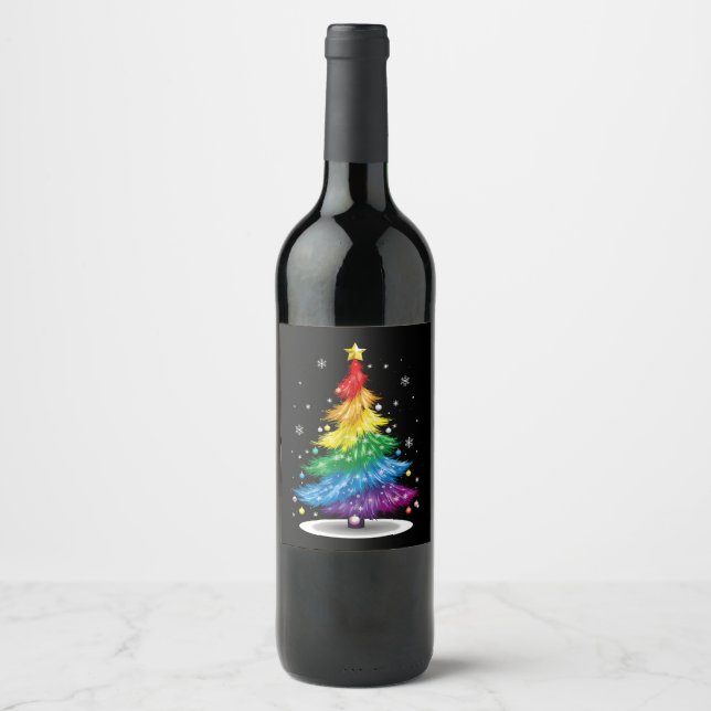 Gay LGBT Pride Rainbow Christmas Tree Merry Xmas Wine Label (Front)