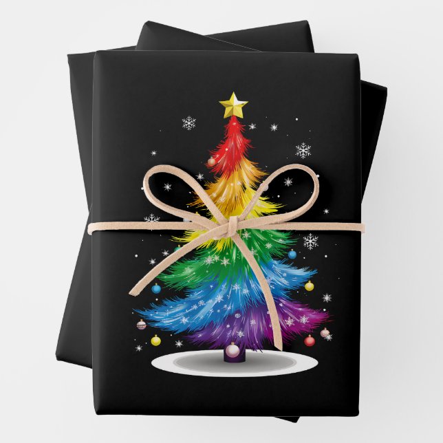 Gay LGBT Pride Rainbow Christmas Tree Merry Xmas Wrapping Paper Sheet (In situ)