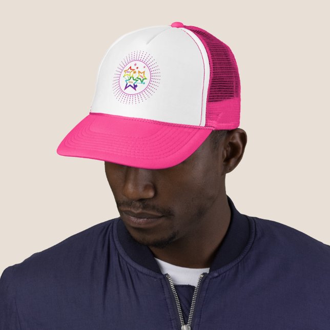Gay LGBTQ Pride Month Stars Colourful Rainbow Trucker Hat (In Situ)