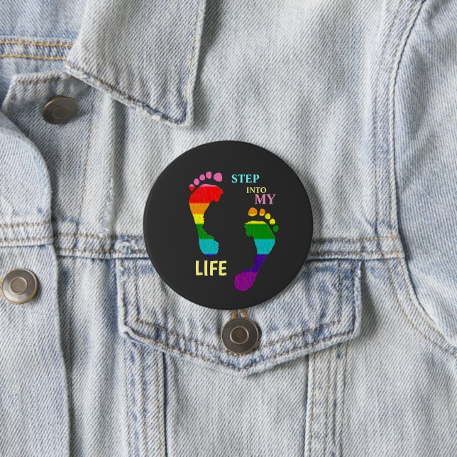 Gay LGBTQ Rainbow Pride Month Step My Life Feet 3 Inch Round Button (In Situ)