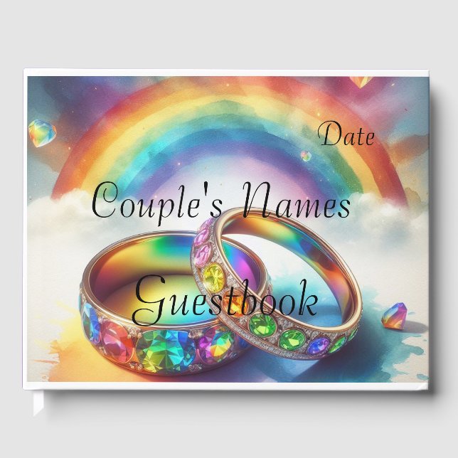 Gay Lgbtq, Rainbow Rings Wedding Guestbook (Front)