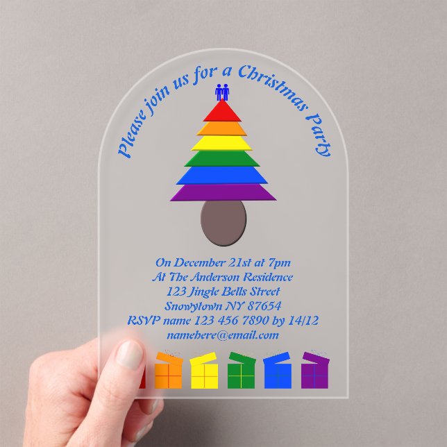 Gay Men Rainbow Christmas Tree and Presents Custom Acrylic Invitations (Insitu (Handheld))