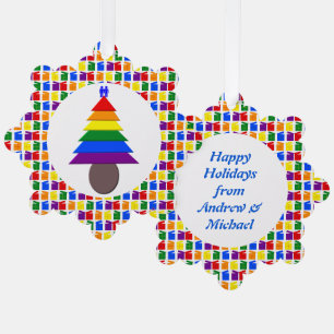 Gay Men Rainbow Christmas Tree and Presents Custom Ornament Card