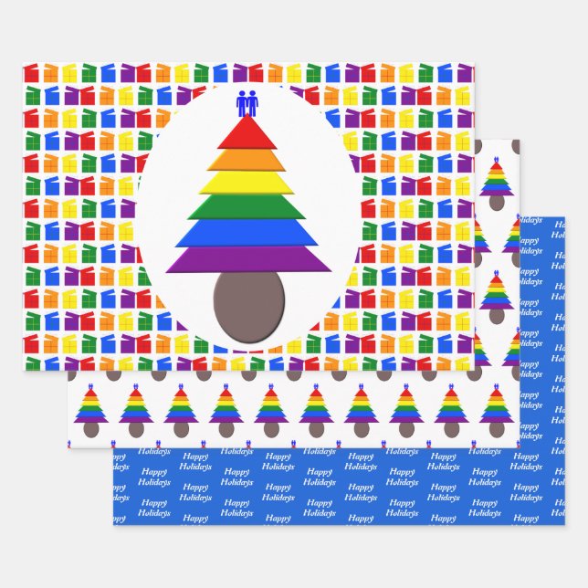 Gay Men Rainbow Christmas Tree and Presents Custom Wrapping Paper Sheet (Set)