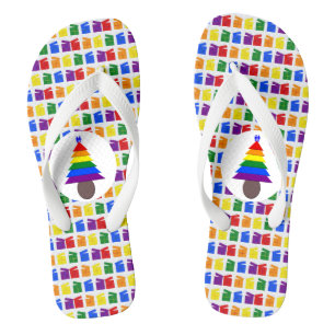 Gay Men Rainbow Christmas Tree and Presents Flip Flops
