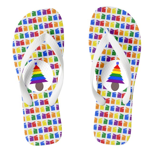 Gay Men Rainbow Christmas Tree and Presents Flip Flops (Footbed)
