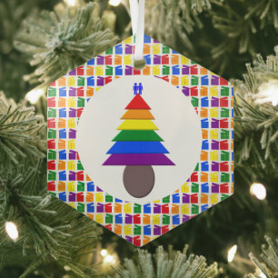 Gay Men Rainbow Christmas Tree and Presents Glass Ornament