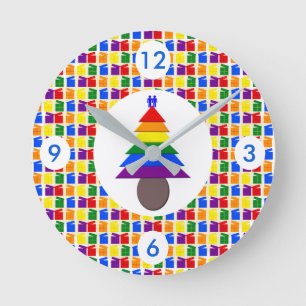 Gay Men Rainbow Christmas Tree and Presents Round Clock