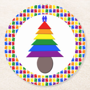 Gay Men Rainbow Christmas Tree and Presents Round Paper Coaster