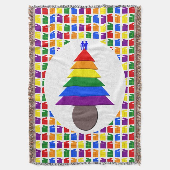 Gay Men Rainbow Christmas Tree and Presents Throw Blanket (Front Vertical)