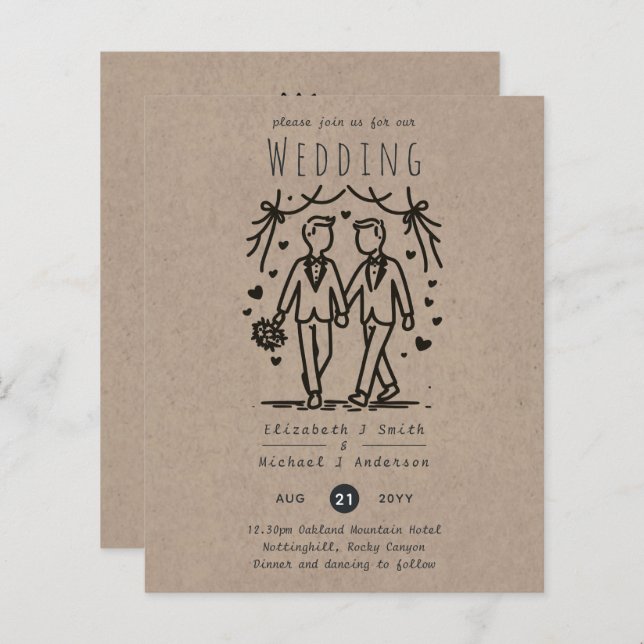Gay Men Wedding Cartoon Grooms Fun Handdrawn (Front/Back)