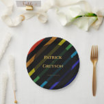 Gay Men Wedding Elegant Rainbow Paper Plate<br><div class="desc">Celebrate your love with the Gay Men Wedding Elegant Rainbow collection — a complete suite of coordinating stationery and accessories designed for two grooms. Bold diagonal Progress Pride stripes on sophisticated black, with gold typography throughout. Every piece in this suite is fully customizable with your names, date, and wedding details....</div>