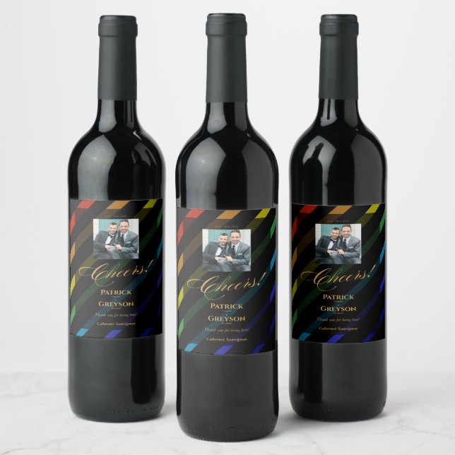 Gay Men Wedding Elegant Rainbow Photo Wine Label (Bottles)