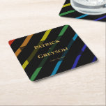 Gay Men Wedding Elegant Rainbow Square Paper Coaster<br><div class="desc">Celebrate your love with the Gay Men Wedding Elegant Rainbow collection — a complete suite of coordinating stationery and accessories designed for two grooms. Bold diagonal Progress Pride stripes on sophisticated black, with gold typography throughout. Every piece in this suite is fully customizable with your names, date, and wedding details....</div>