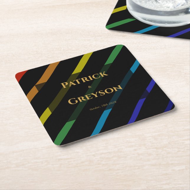 Gay Men Wedding Elegant Rainbow Square Paper Coaster (Angled)