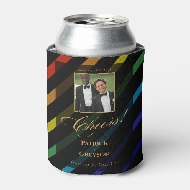Gay Men Wedding Photo Elegant Rainbow Can Cooler (Can Front)