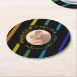 Gay Men Wedding Photo Elegant Rainbow Round Paper Coaster<br><div class="desc">Celebrate your love with the Gay Men Wedding Elegant Rainbow collection — a complete suite of coordinating stationery and accessories designed for two grooms. Bold diagonal Progress Pride stripes on sophisticated black, with gold typography throughout. Every piece in this suite is fully customizable with your names, date, and wedding details....</div>