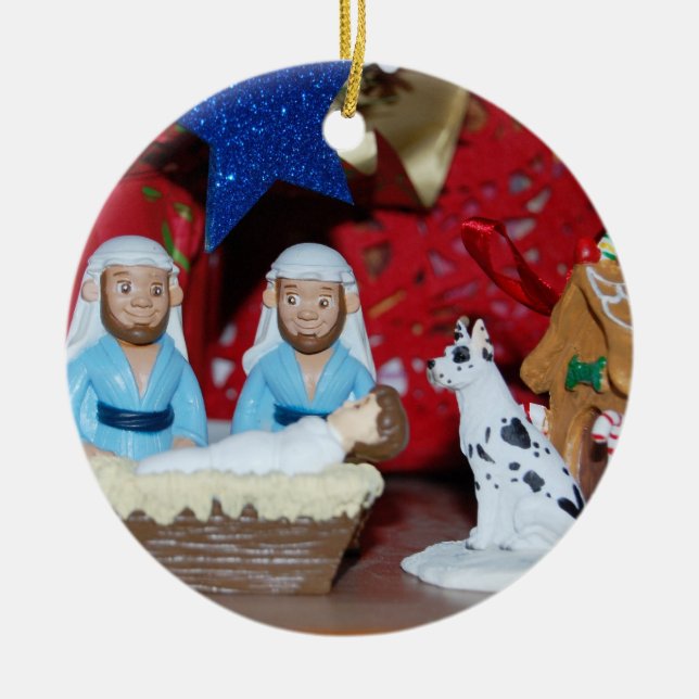Gay Nativity: Love Makes a Holy Family Ceramic Ornament (Front)