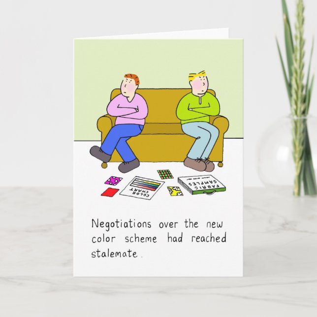 Gay New Home Humour, Cartoon Couple. Card (Front)
