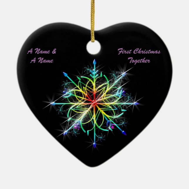 Gay Newly Weds First Christmas Pride Snowflake Ceramic Ornament (Back)