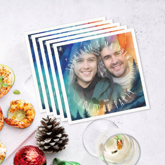 Gay Northern Lights Photo Holiday Party Napkin