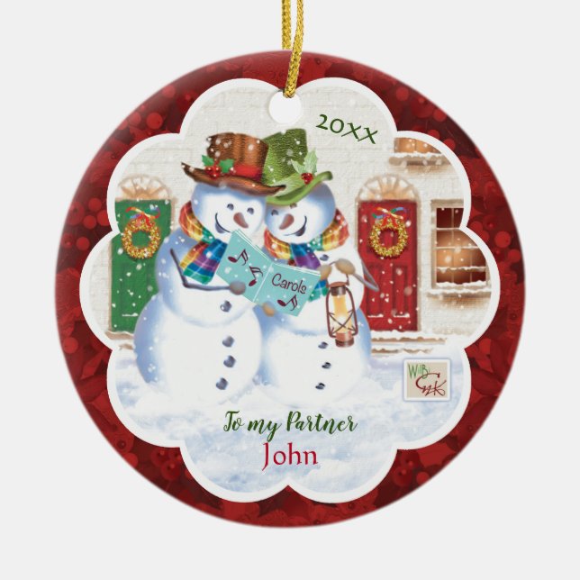 Gay, Partner, 2 Cute Snowmen Carolling, xmas Ceramic Ornament (Front)